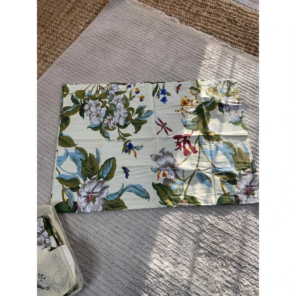 FADFAY Floral Duvet Cover Set Queen 3pc Cotton Magnolia Botanical Green Striped